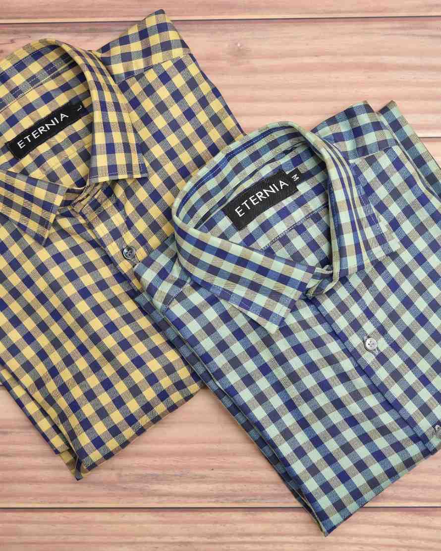 Eternia® Classic Men’s Linen Shirt – Premium Comfort for Every Season - Yellow & Blue Checkered Pattern