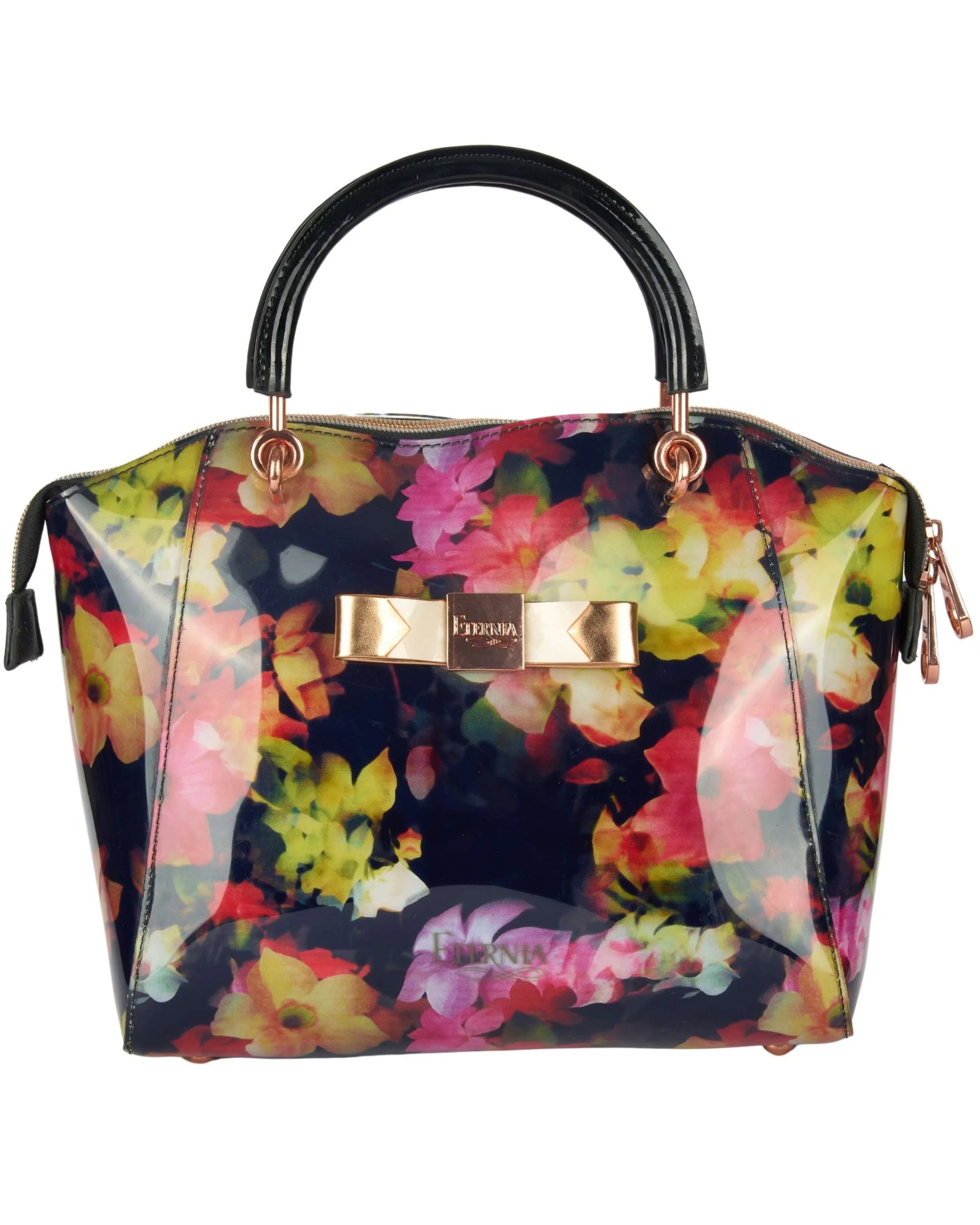 Eternia® Trapeze Luxe Floral Handbag – Fashionable Water-Resistant Purse with Bold Silhouette, Sturdy Build & Detachable Strap - Noir Garden