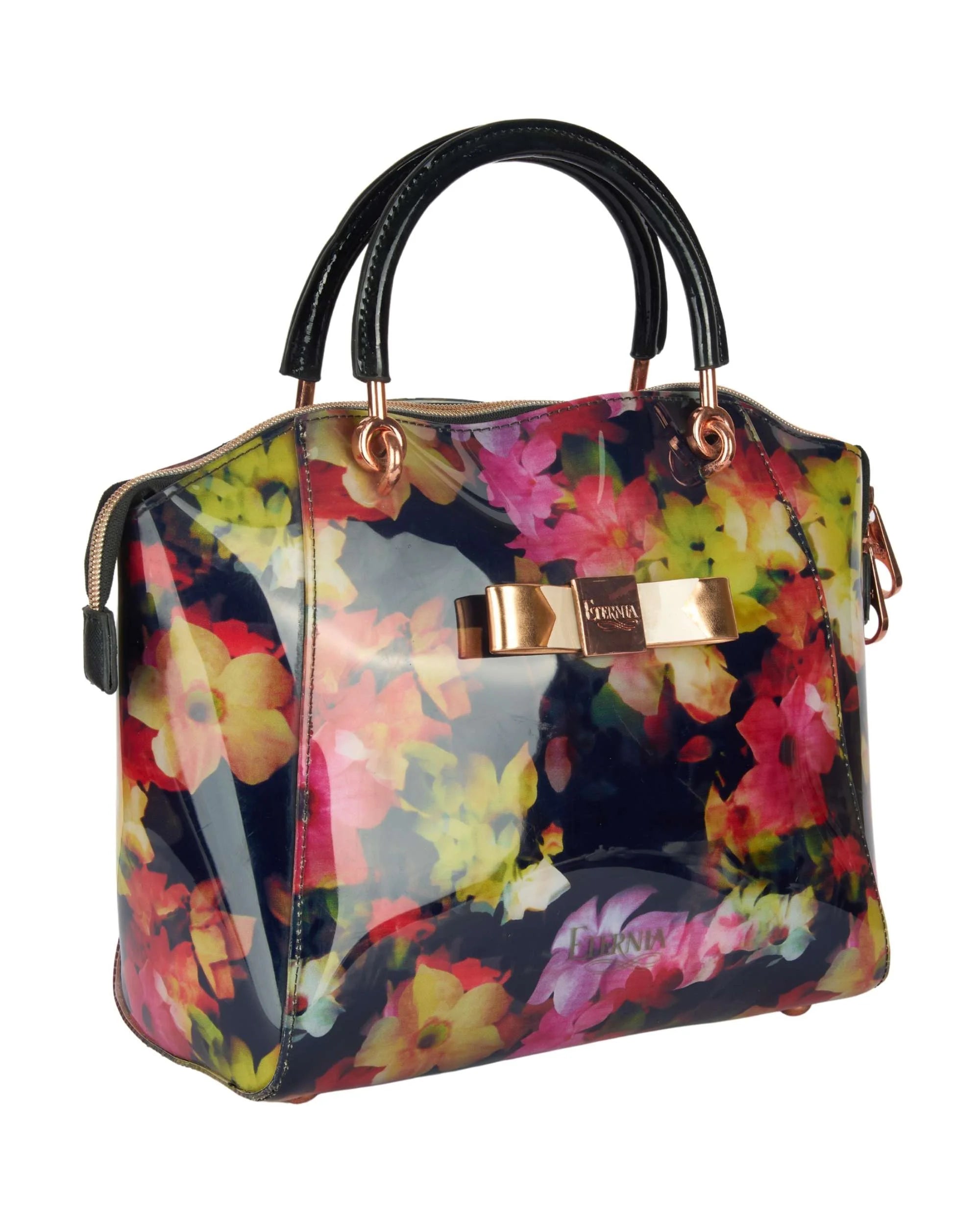 Eternia® Trapeze Luxe Floral Handbag – Fashionable Water-Resistant Purse with Bold Silhouette, Sturdy Build & Detachable Strap - Noir Garden