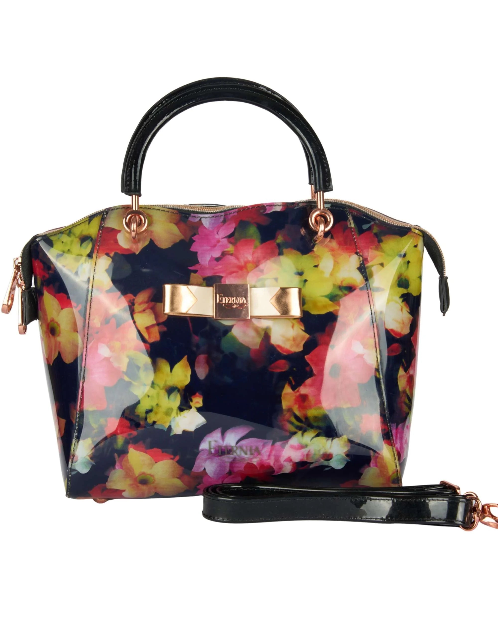 Eternia® Trapeze Luxe Floral Handbag – Fashionable Water-Resistant Purse with Bold Silhouette, Sturdy Build & Detachable Strap - Noir Garden