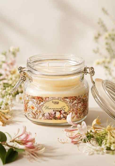 Eternia® double-wick jar candle with floral label, clear glass, hinged metal lid