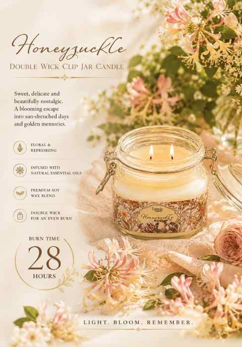 Double-wick glass jar candle with floral band and two lit wicks