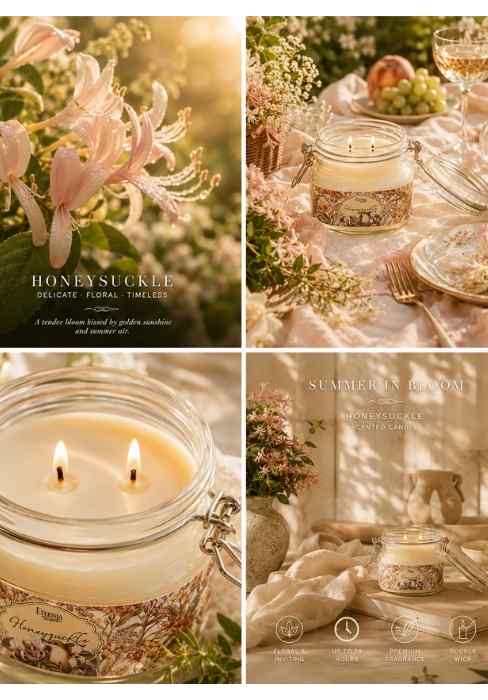 Double-wick glass jar candle with two flames and a floral band around the jar