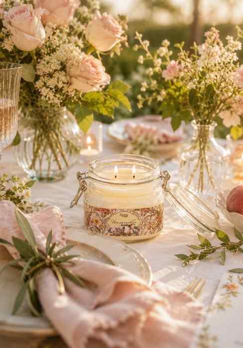 Double-wick glass jar candle with floral band on a decorated table among blossoms