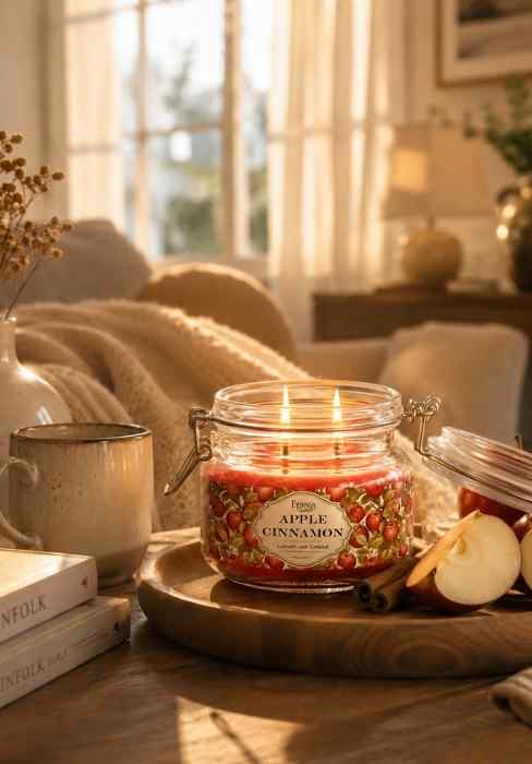 Scented candle in clear jar with red wax and apple-cinnamon fruit label