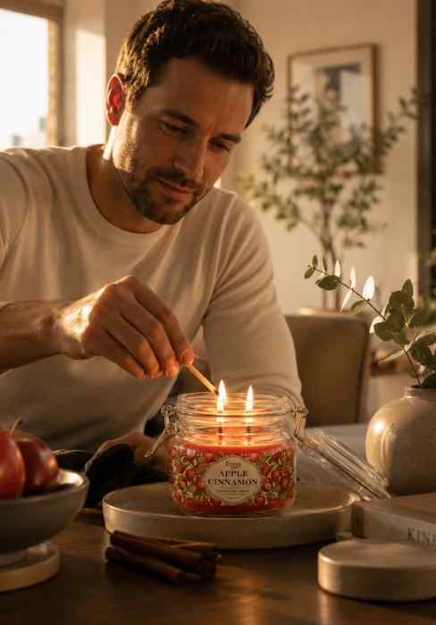 Lit apple cinnamon scented candle jar with double wicks and decorative fruit label