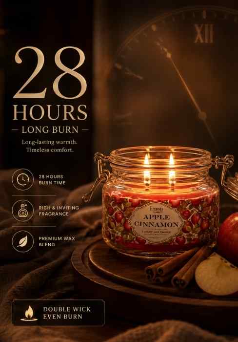 Glass candle jar with two lit wicks; apple cinnamon label and 28 hours text