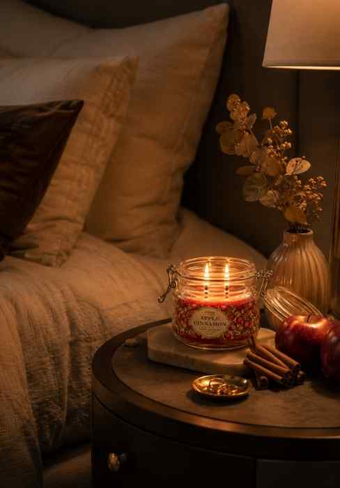 Scented candle jar with double wicks glowing, apple cinnamon fruit label on glass