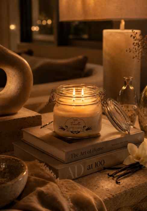 Vanilla scented jar candle with two flames on a tray, clear glass lid