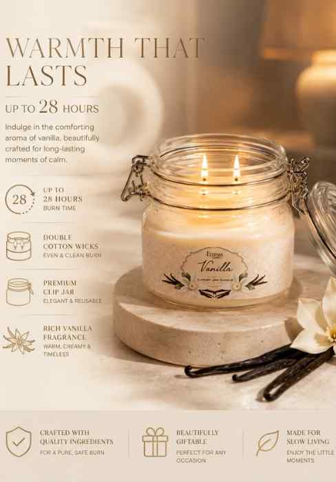 Eternia vanilla double-wick jar candle with glass lid and metal clasp handles