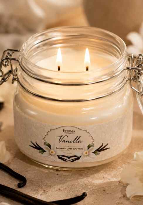 Eternia vanilla scented jar candle with two flames and a vanilla illustrated label