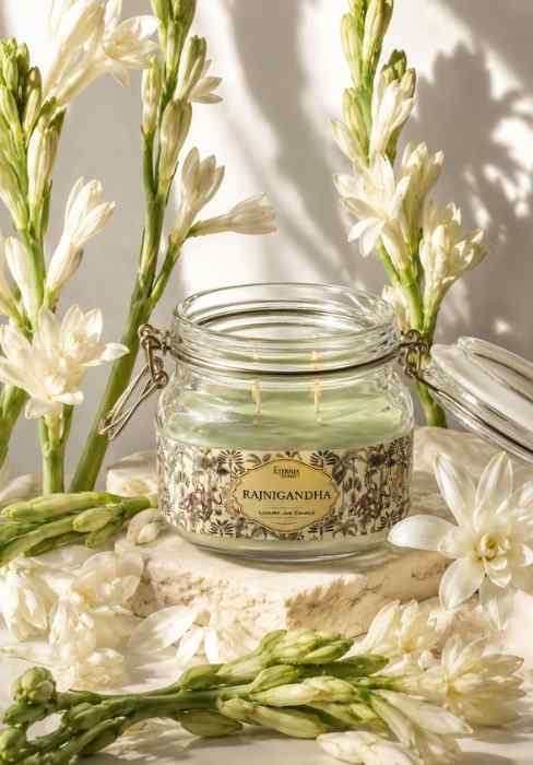 Green glass jar candle with metal latch lid and printed label, flowers nearby