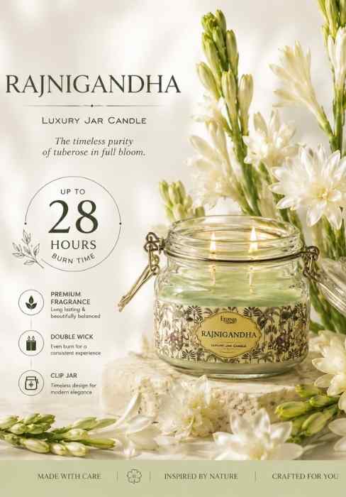Clear green jar candle with decorative label, shown with printed product card