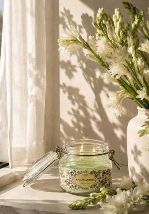 Green glass jar candle with metal latch lid, among white blossoms