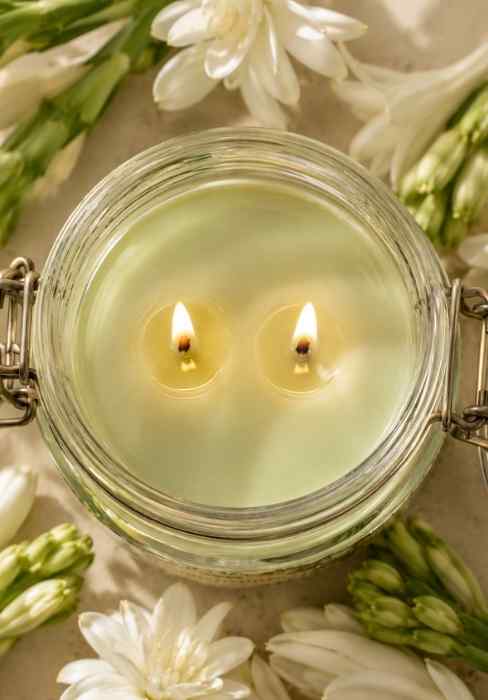Close-up glass jar candle with two flames, pale green wax inside