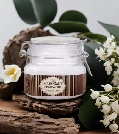 Eternia® Mahogany Teakwood Scented Double Wick Jar Candle – Rich Woody Aroma for a Cozy, Refined Ambience – Jar Candle for Living Room or Office – 28 Hours Burn Time