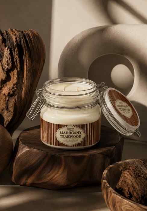 Double-wick glass jar candle with wooden label, Mahogany Teakwood scent