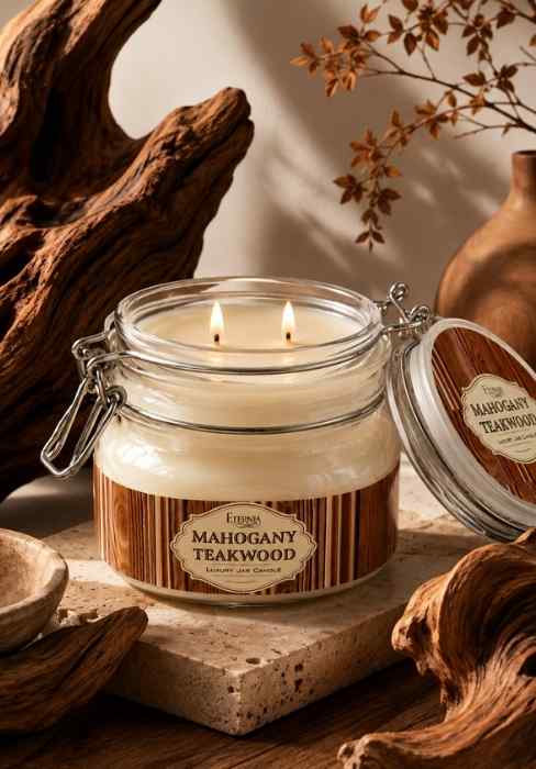 Double-wick glass jar candle with open lid and Mahogany Teakwood label