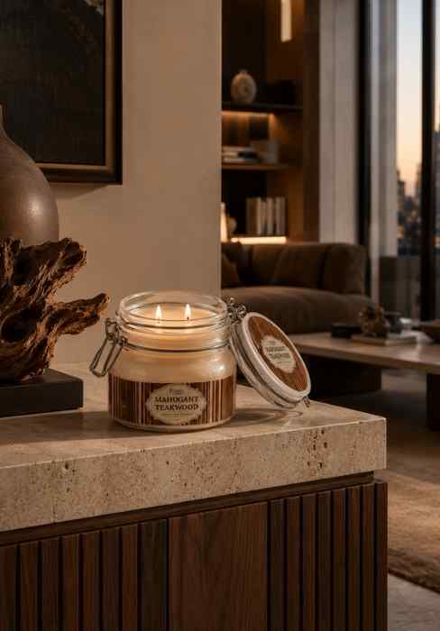 Double-wick glass jar candle on stone surface with Mahogany Teakwood label