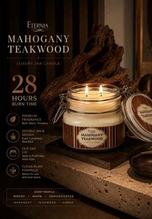 Double-wick jar candle with two flames and Mahogany Teakwood label