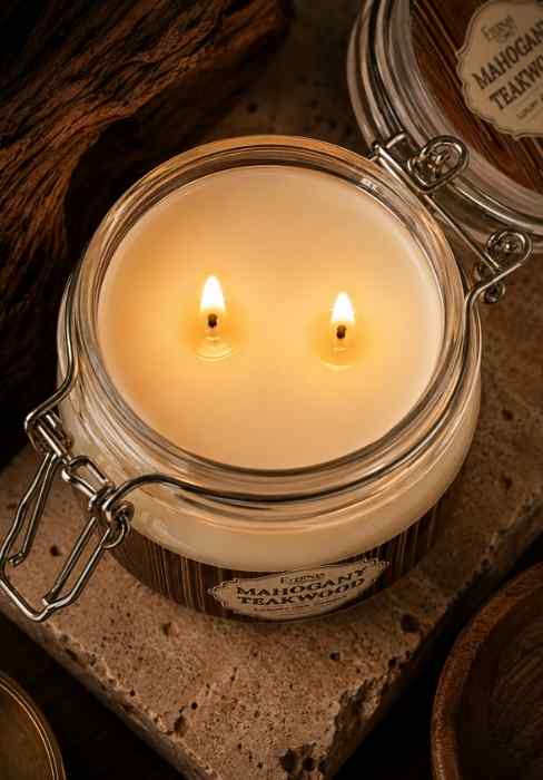 Close-up double-wick glass jar candle with two flames and Mahogany Teakwood label
