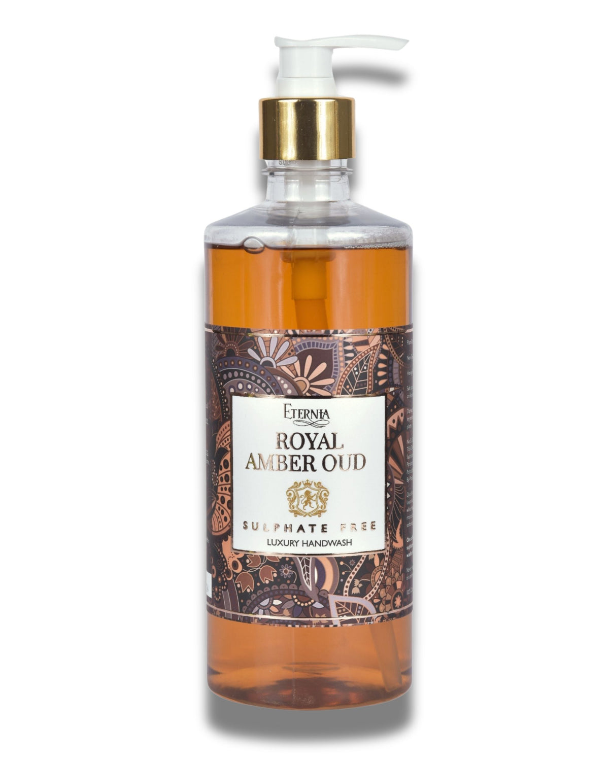 Eternia® Royal Amber Oud sulphate-free handwash bottle with amber liquid and pump top