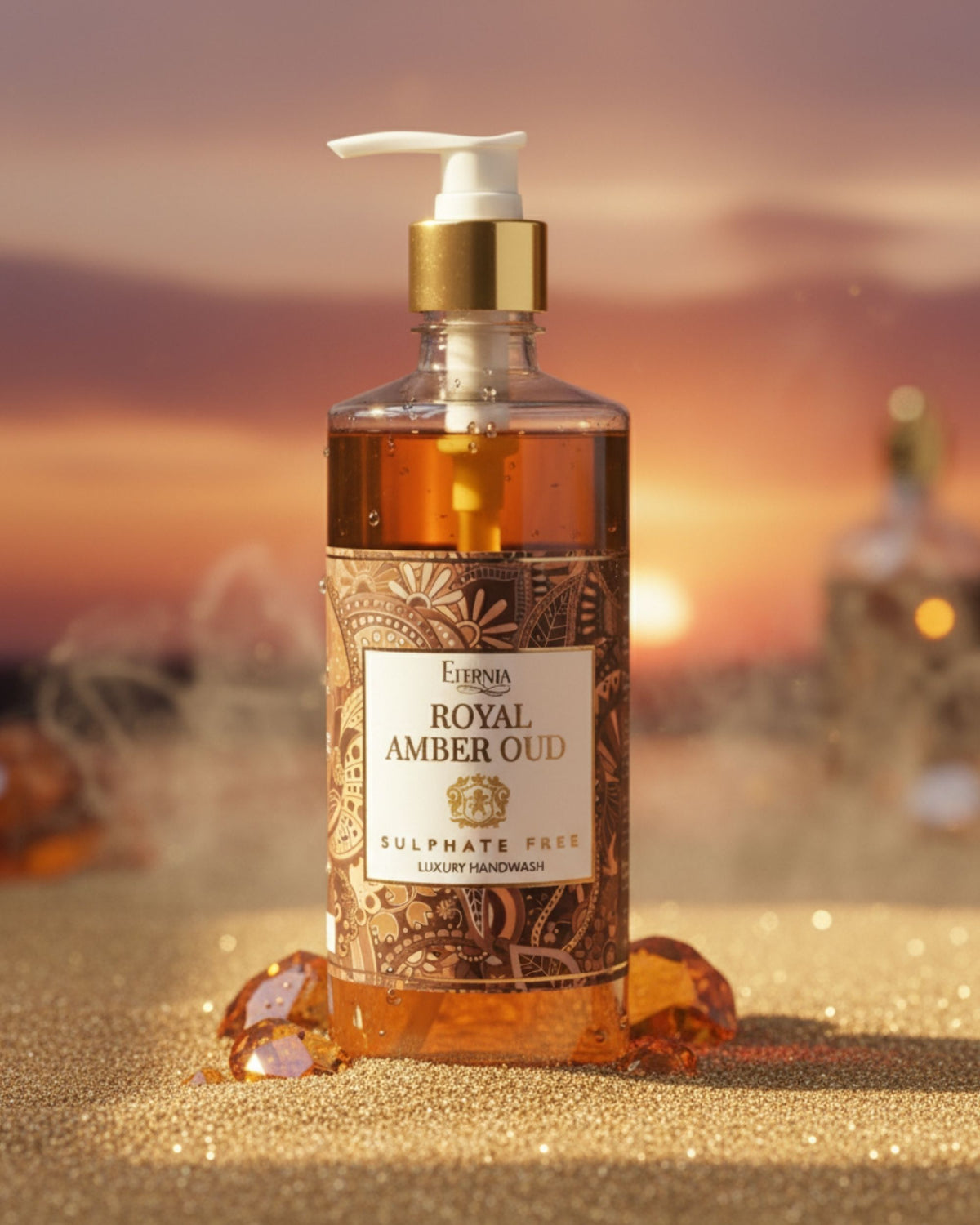 Eternia® Royal Amber Oud handwash bottle with gold pump and amber liquid