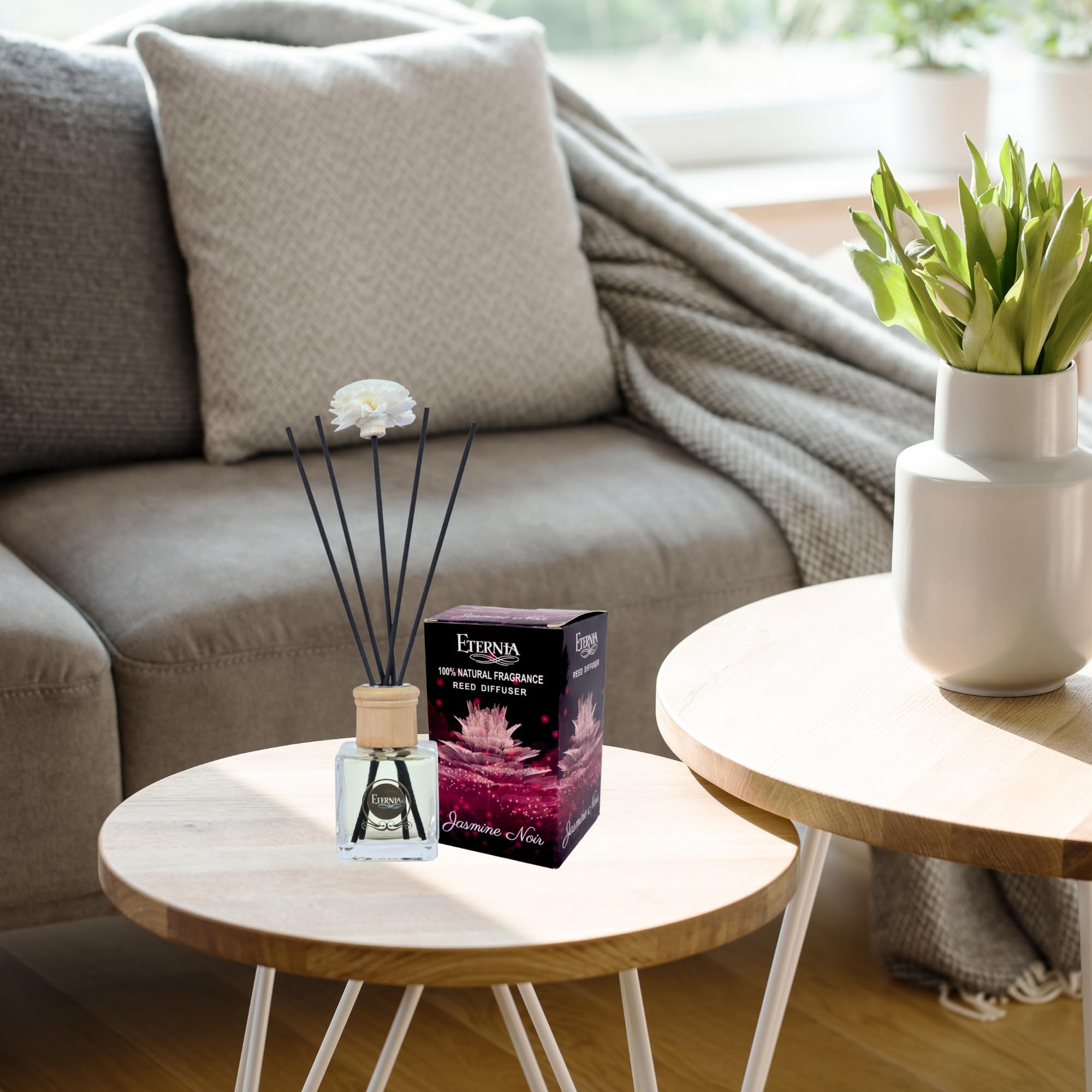 Eternia® Jasmine Noir Reed Diffuser with Rattan Reed Sticks – Slow Release Subtle Long-Lasting Home Fragrance