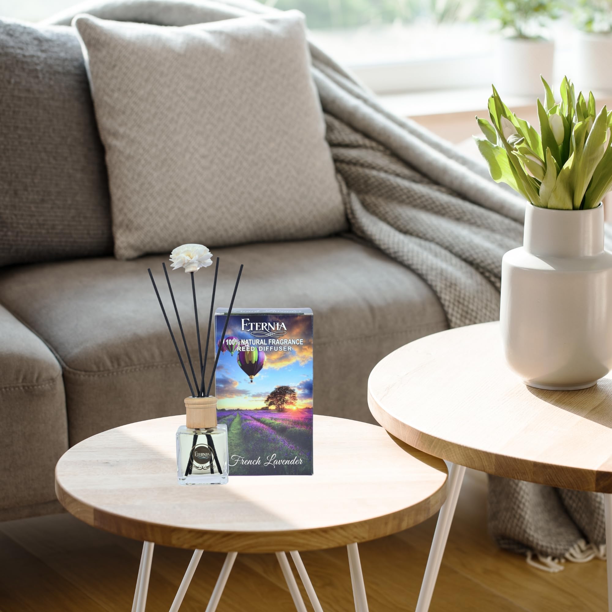 Eternia® French Lavender Reed Diffuser with Rattan Reed Sticks – Slow Release Subtle Long-Lasting Home Fragrance