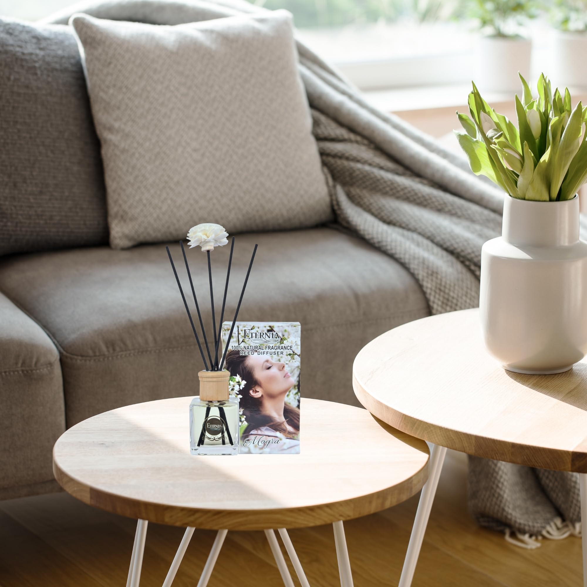 Eternia® Mogra Reed Diffuser with Rattan Reed Sticks – Slow Release Subtle Long-Lasting Home Fragrance