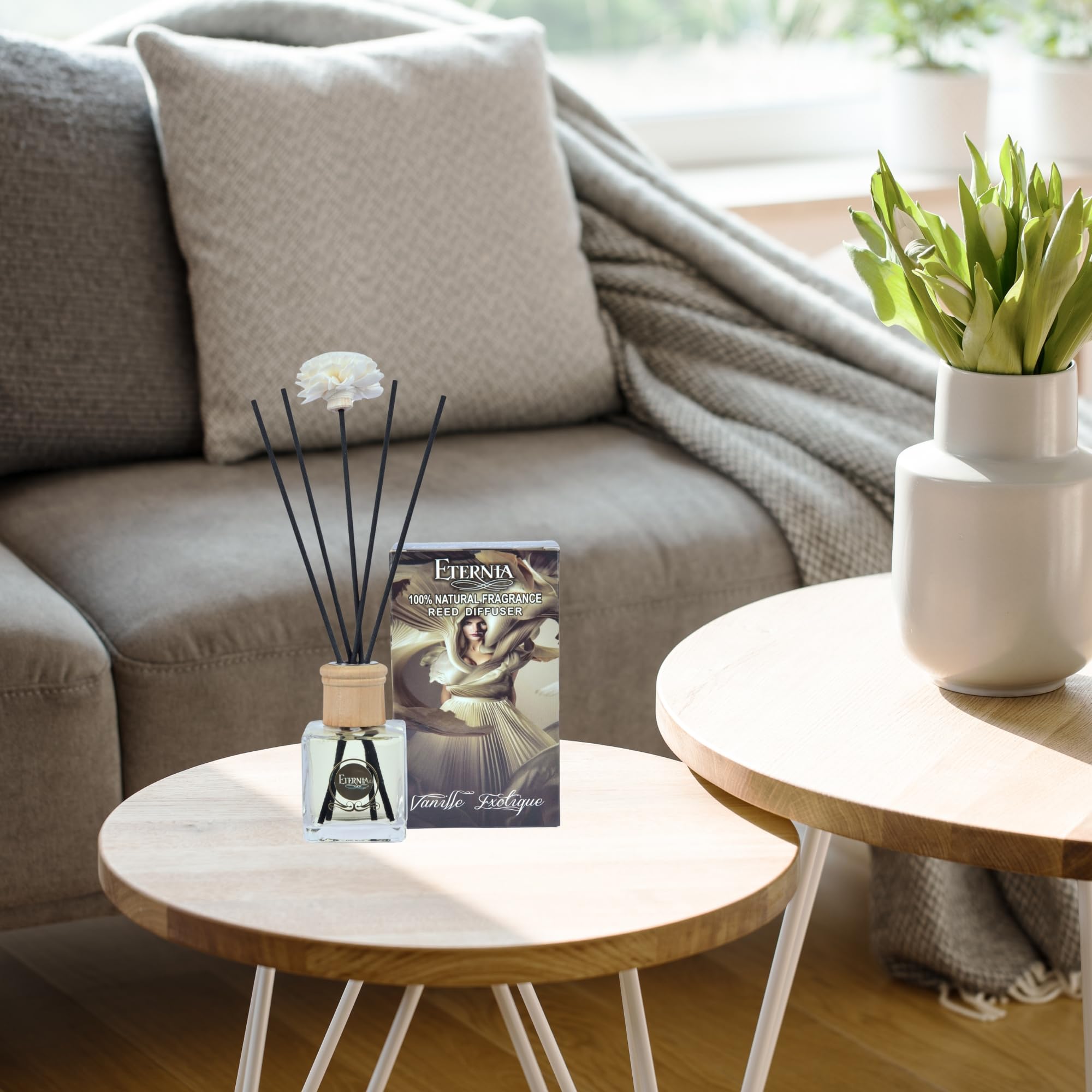 Eternia® Vanille Exotique Reed Diffuser with Rattan Reed Sticks – Slow Release Subtle Long-Lasting Home Fragrance