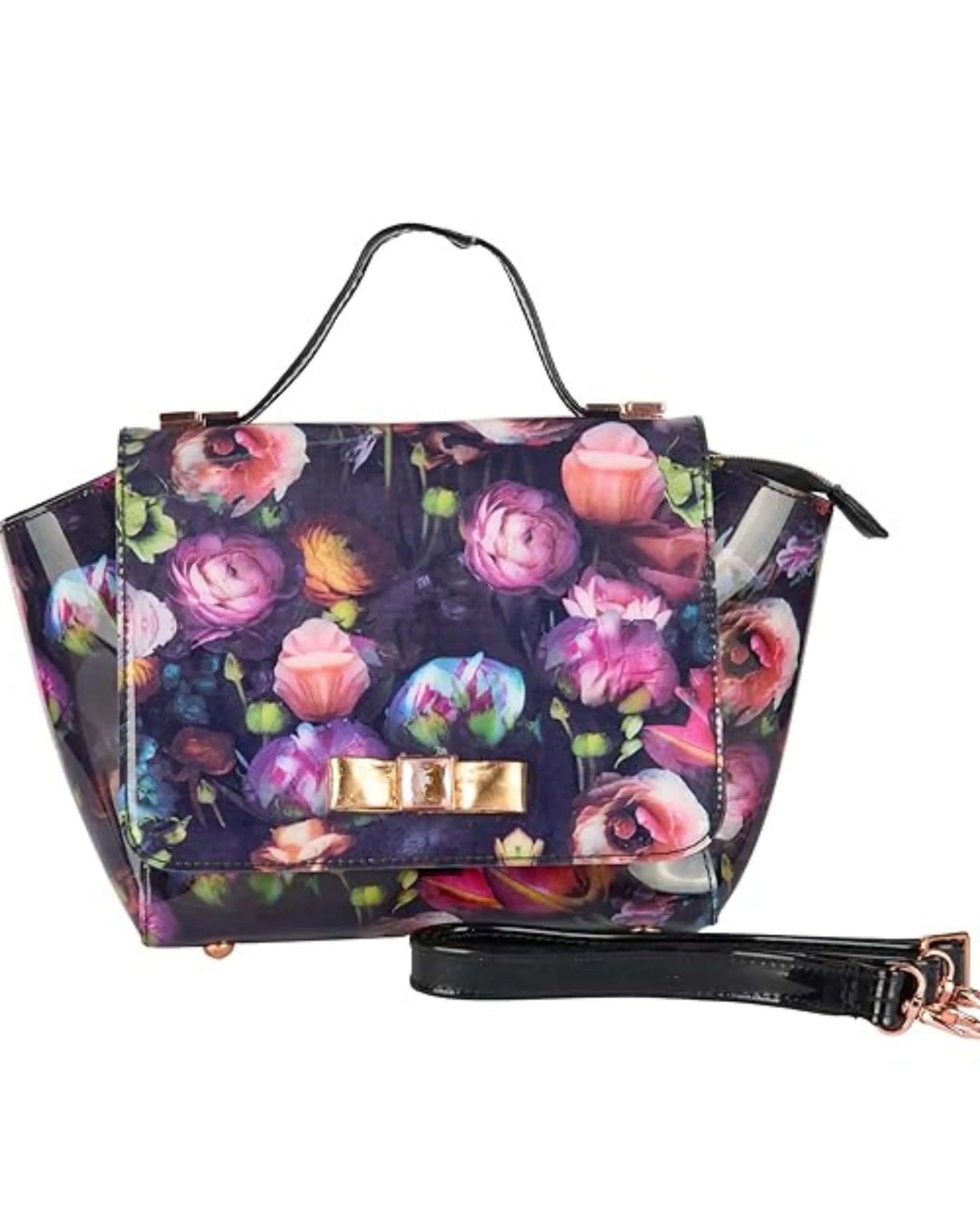 Eternia® Trapeze Luxe Floral Handbag – Fashionable Water-Resistant Purse with Bold Silhouette, Sturdy Build & Detachable Strap - Midnight Muse
