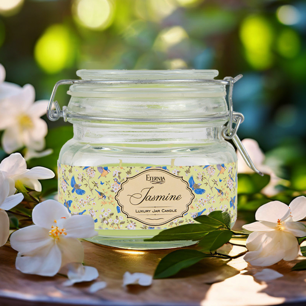 Eternia® Jasmine Scented Double Wick Jar Candle – Floral Aroma for Serenity & Romance – Elegant Glass Jar Candle – 28 Hours Burn Time