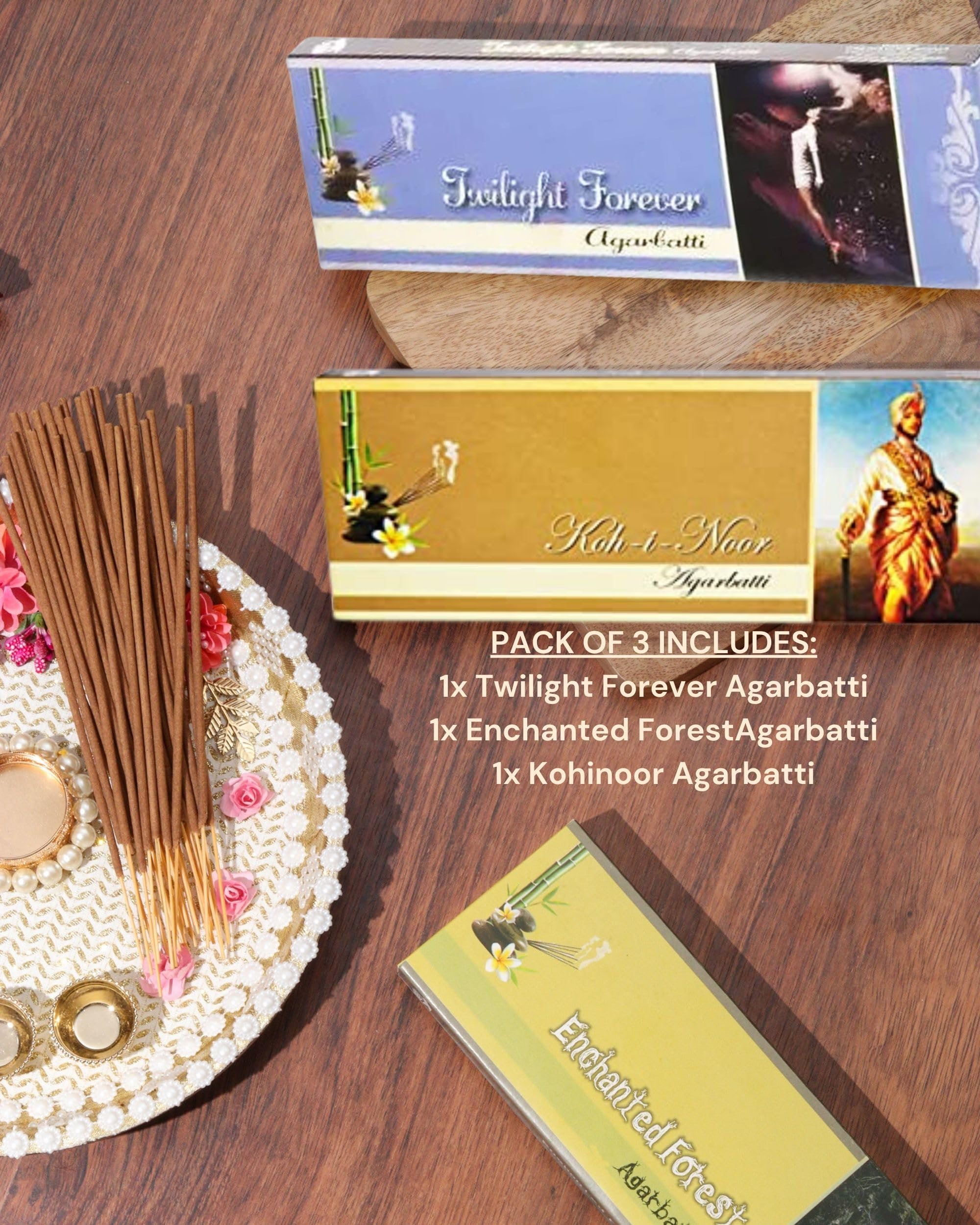Eternia® Premium Agarbatti Combo Pack – Koh-i-Noor, Twilight Forever & Enchanted Forest | Long-Lasting Aromatic Incense Sticks for Meditation, Relaxation & Home Fragrance (Pack of 3)