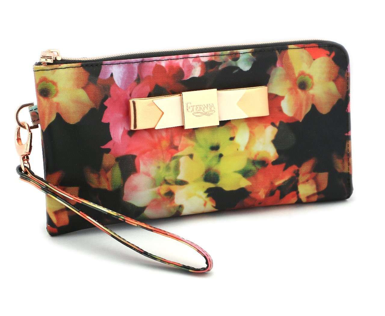 Eternia® Zippered Wallet with Wrist Strap – Bold Floral Print Purse in Water-Resistant Finish – Noir Garden