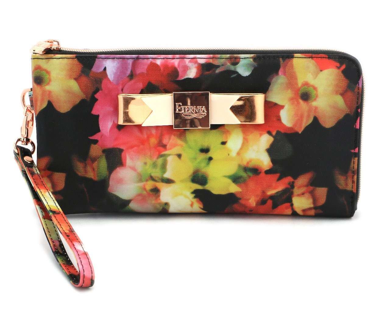 Eternia® Zippered Wallet with Wrist Strap – Bold Floral Print Purse in Water-Resistant Finish – Noir Garden