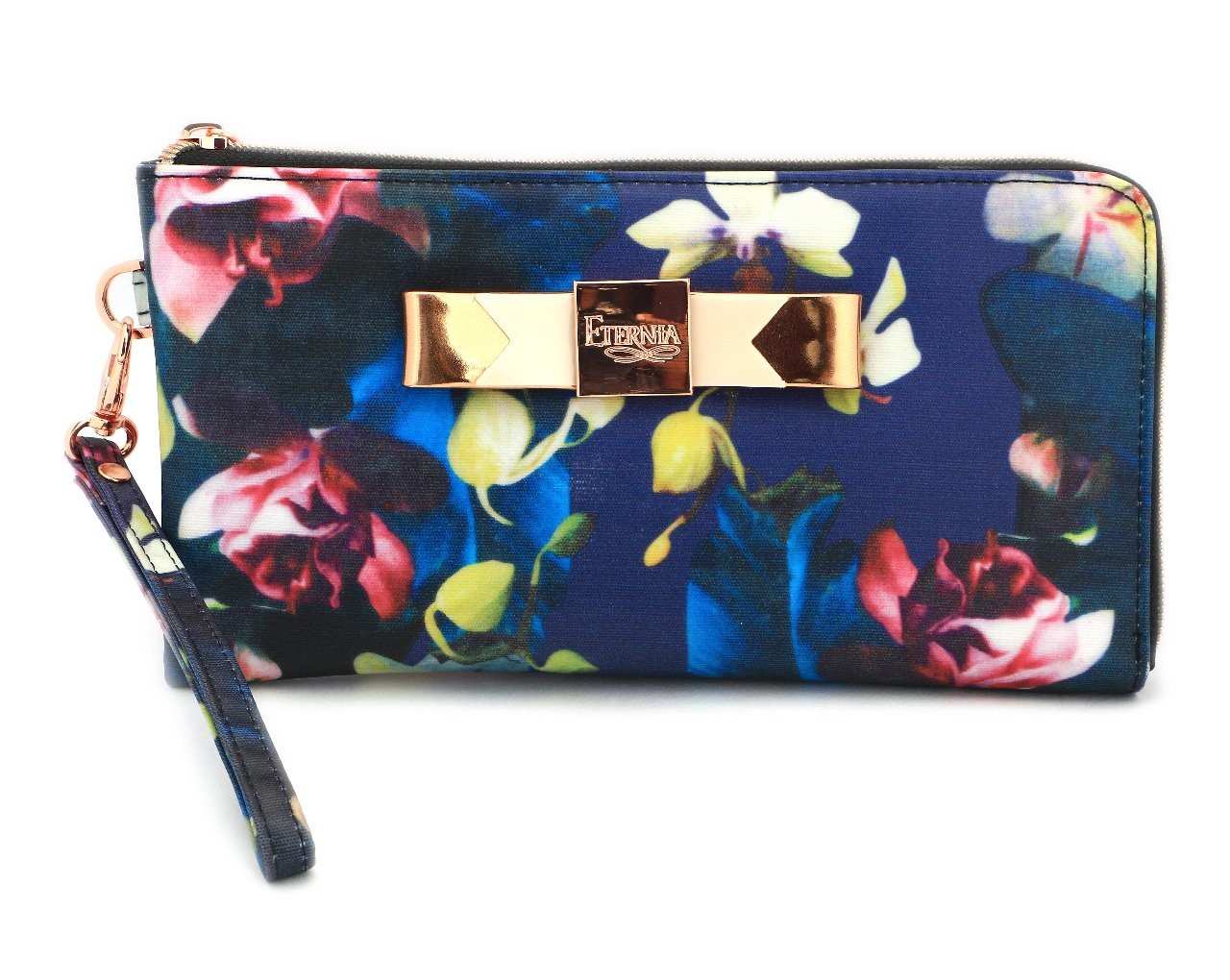 Eternia® Zippered Wallet with Wrist Strap – Bold Floral Print Purse in Water-Resistant Finish – Midnight Bloom