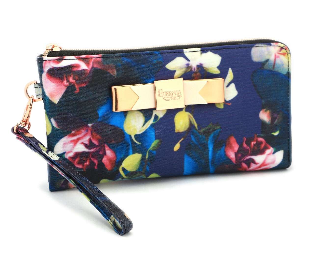 Eternia® Zippered Wallet with Wrist Strap – Bold Floral Print Purse in Water-Resistant Finish – Midnight Bloom