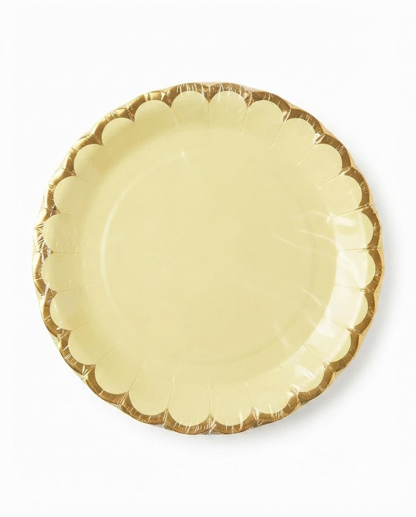 Premsons® Pastel Scalloped Gold Edge Disposable Party Plates – Pink, Yellow & Green (set of 4) (Pack of 2)