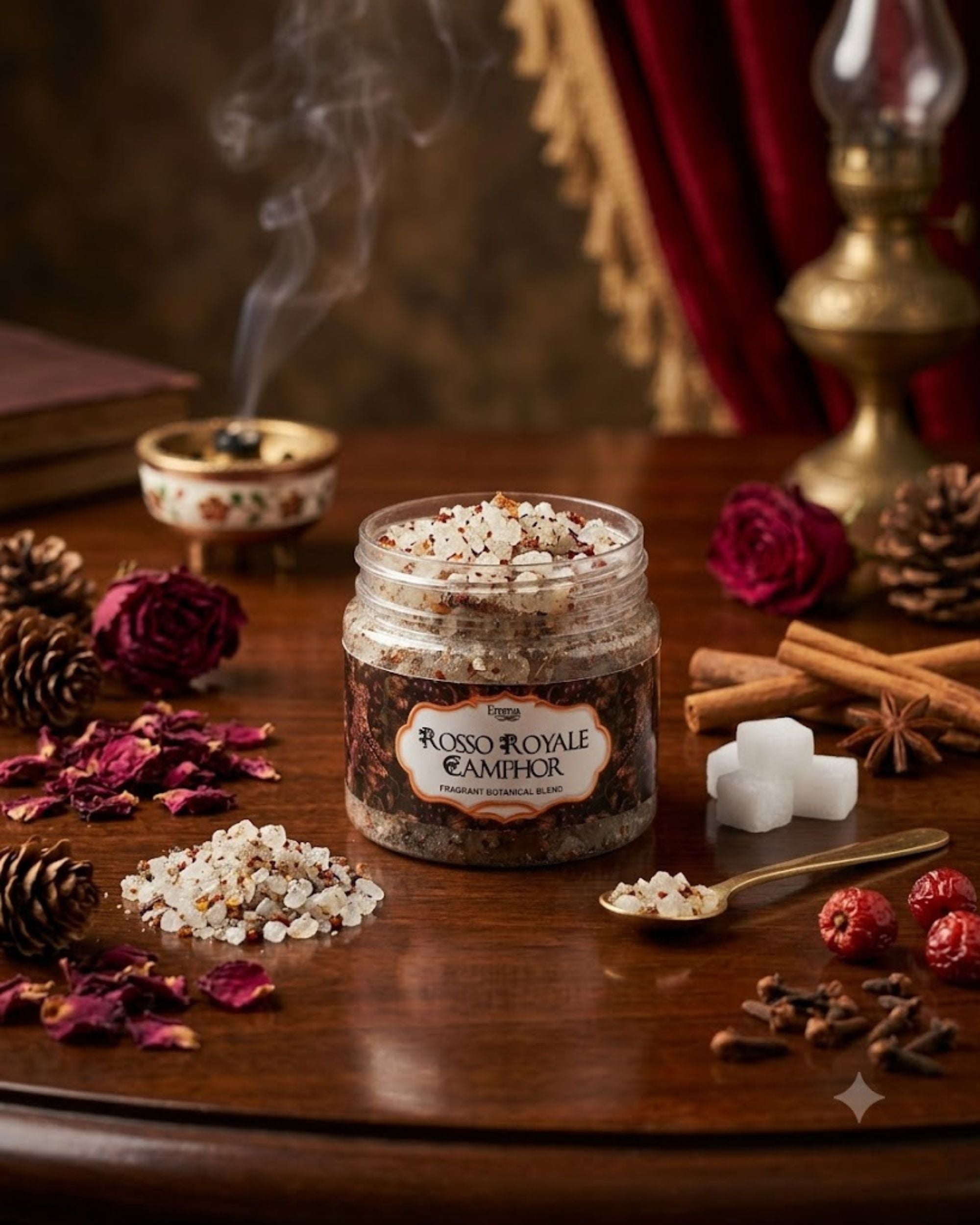 Glass jar of camphor aroma crystals with scattered crystals on a wooden surface
