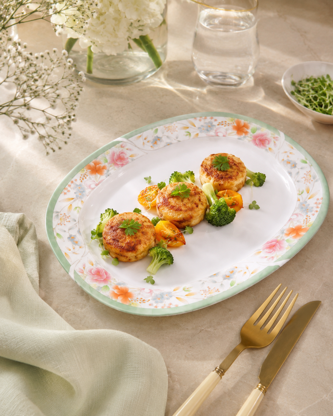 Oval floral melamine serving plate with green rim, served with seared patties and broccoli