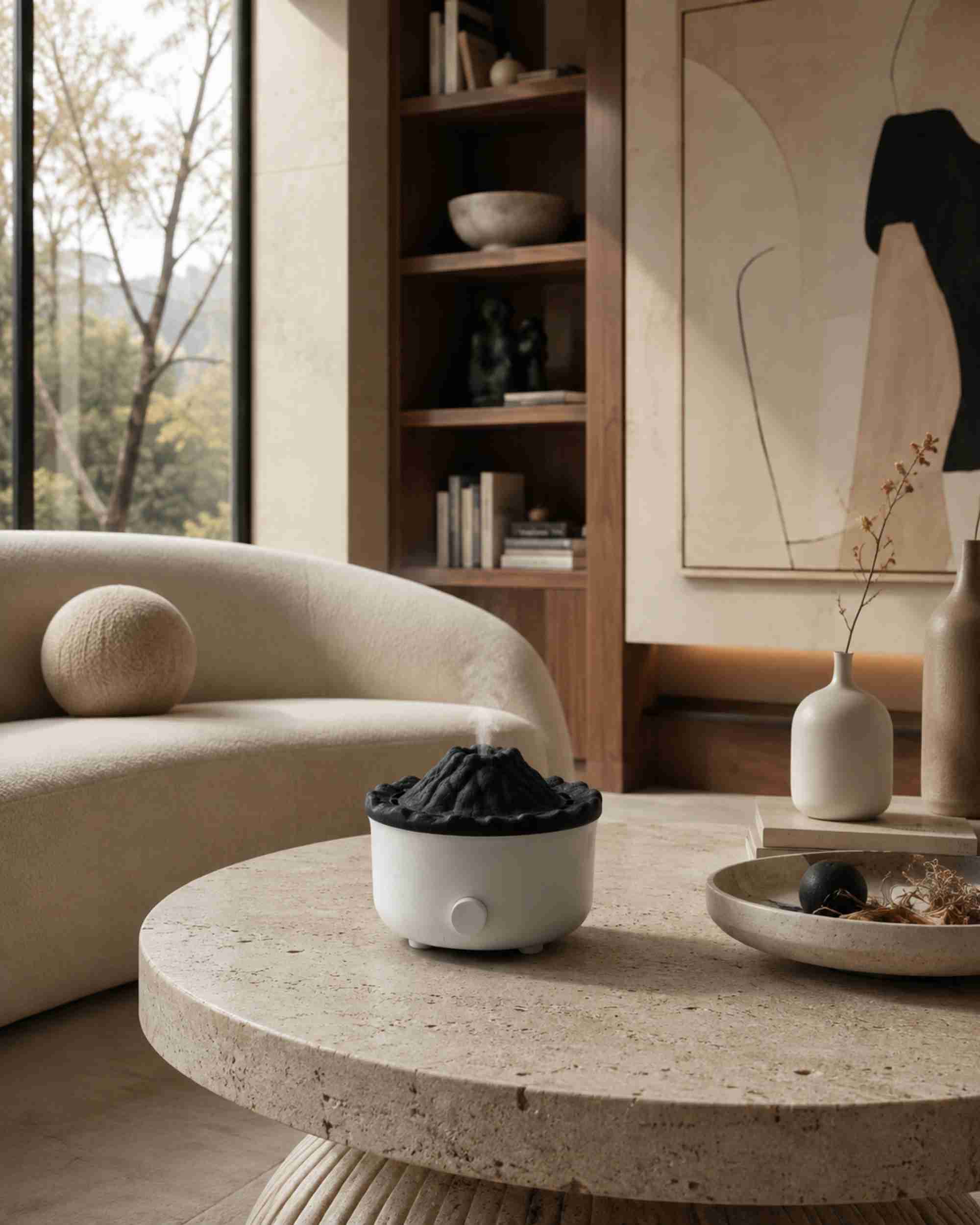 White aroma diffuser with black volcano lid on living-room side table