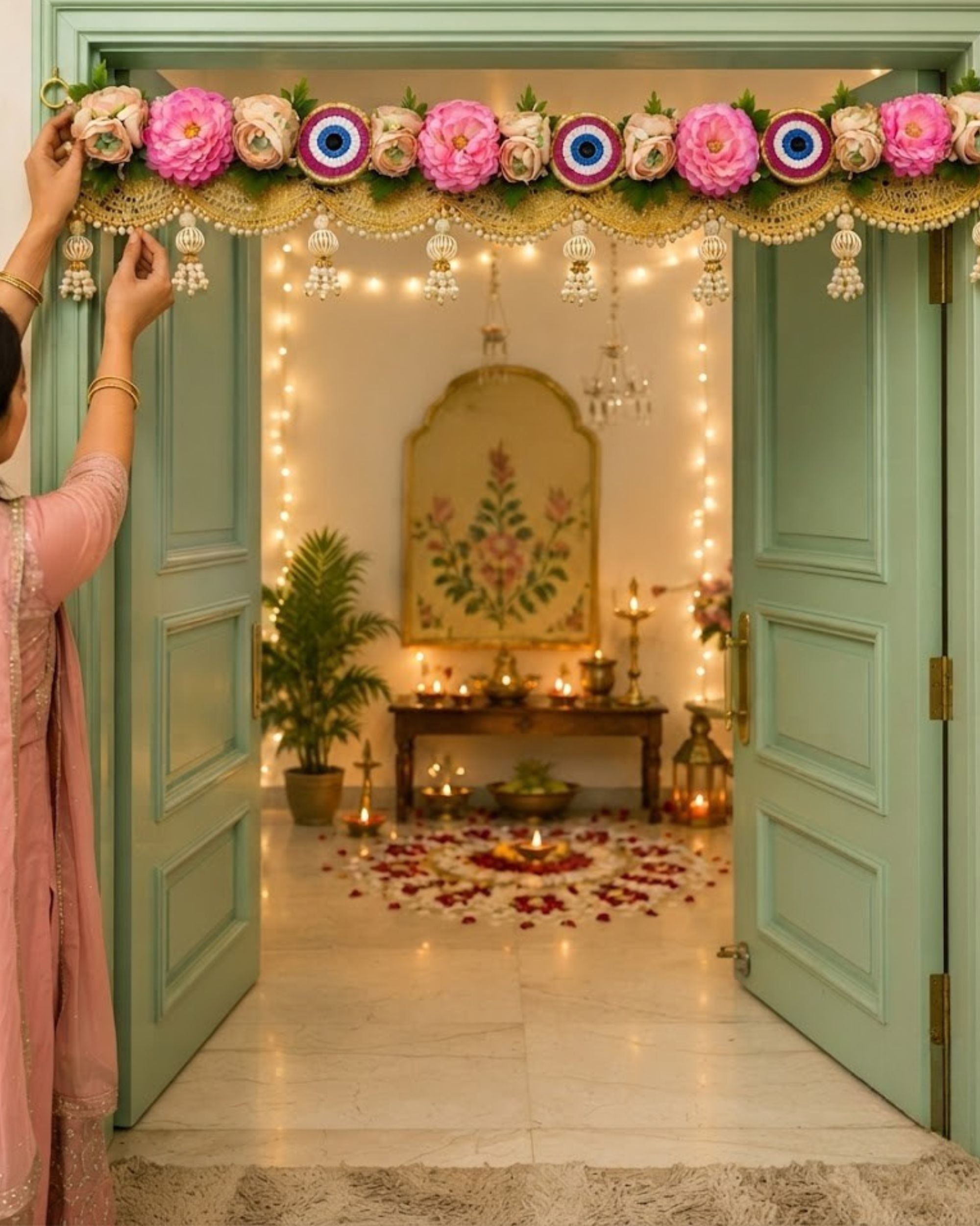 Floral toran door hanging with pink flowers, evil-eye circles, and bead tassel trim