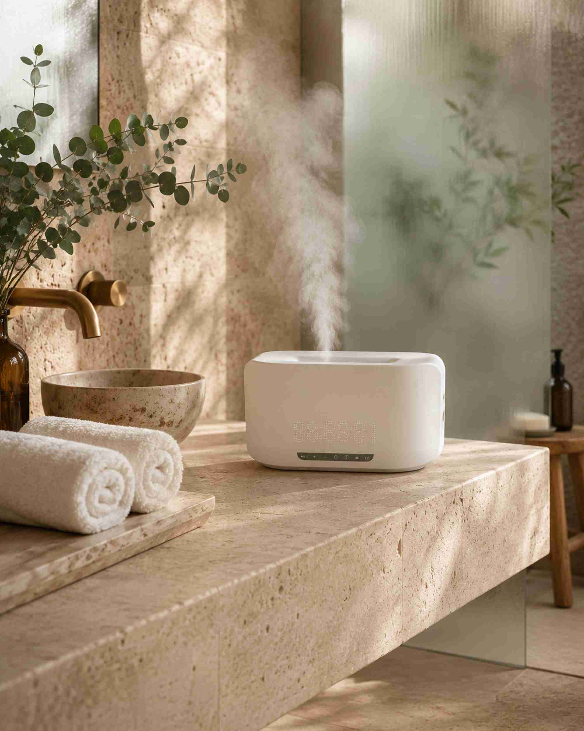 White aroma diffuser on stone countertop with mist vent
