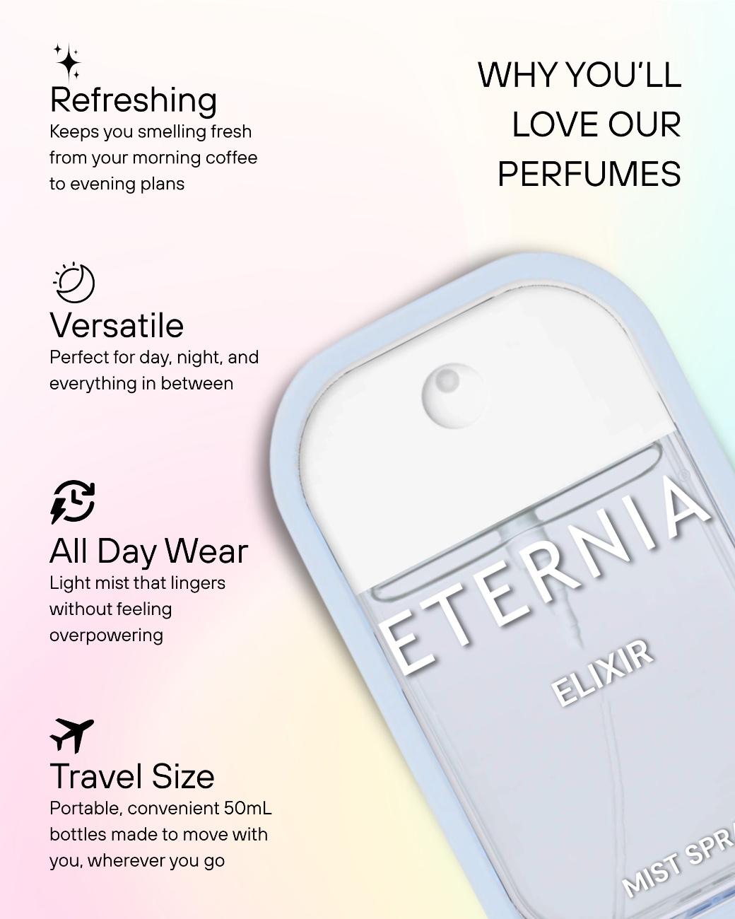 Eternia® Elixir Perfume Mist Spray – Fresh Citrus, Floral & Woody Notes | Long-Lasting 50ml Fragrance Spray