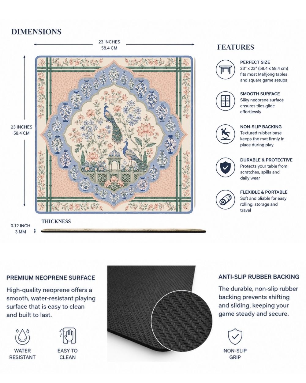 Premsons® Emperor’s Garden Mahjong Table Mat – Premium Anti-Slip Square Gaming & Decorative Mat - 23 x 23 inch - Versatile Non-Slip Play Surface