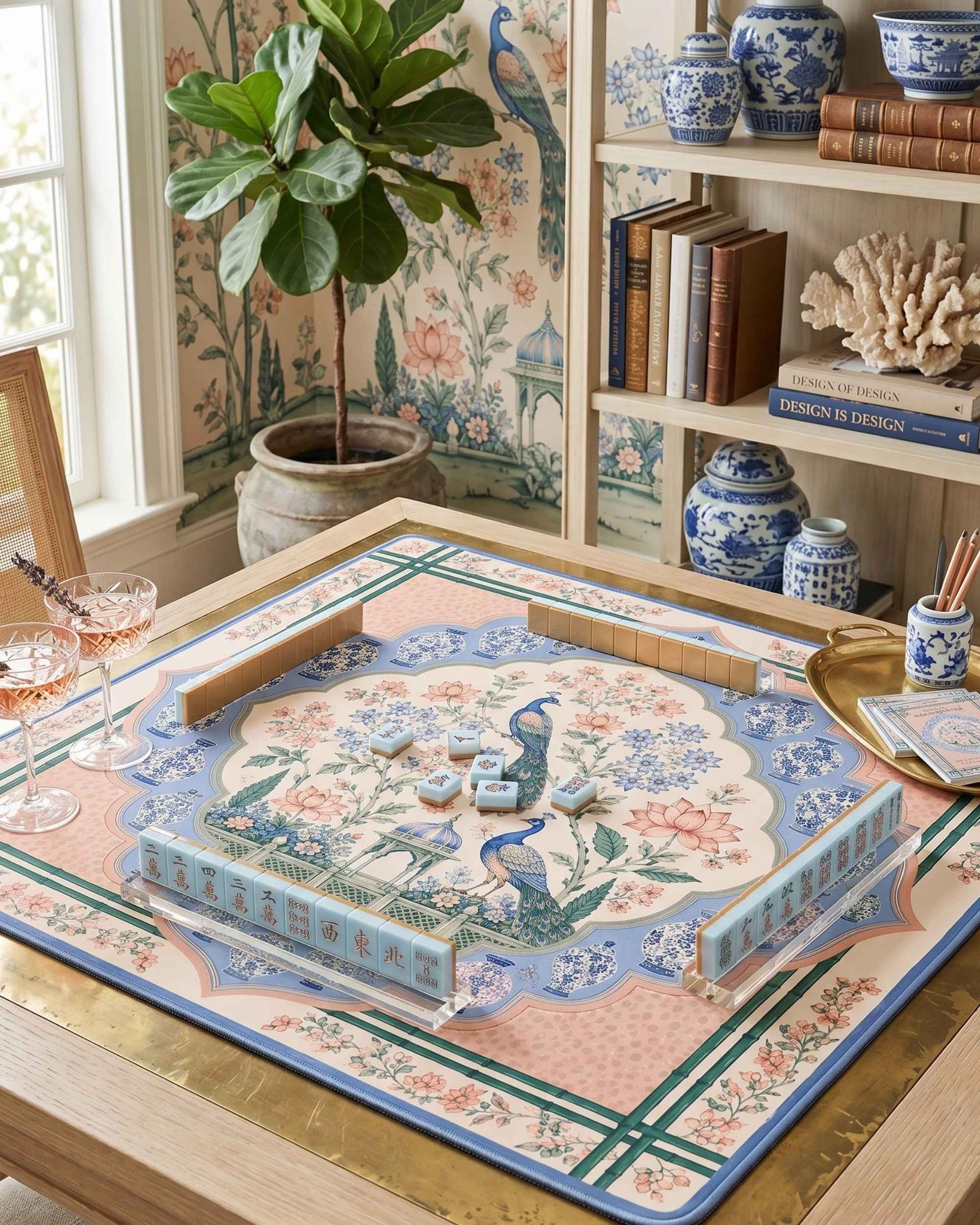 Square mahjong table mat with blue peacock floral pattern and green trim