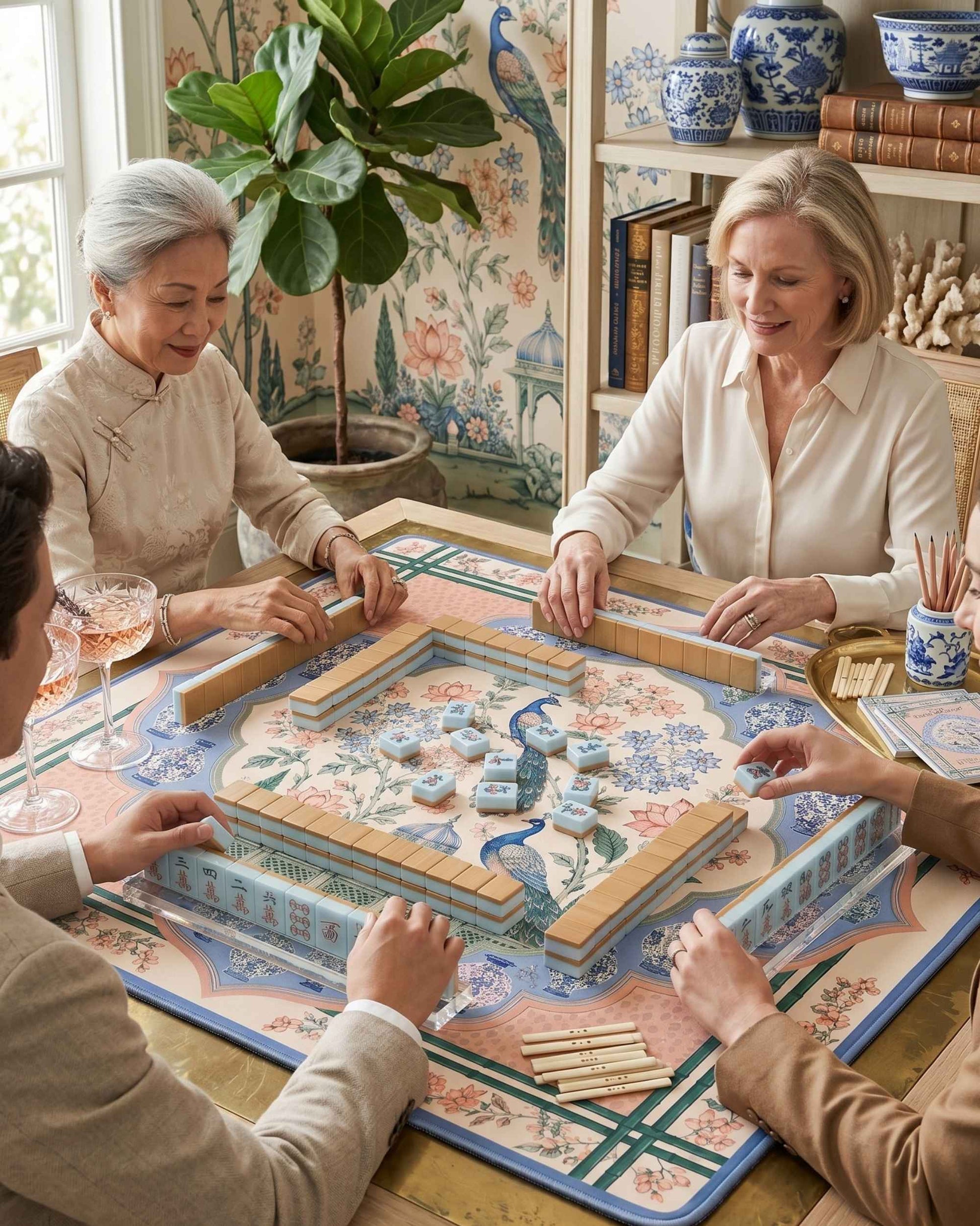 Square table mat with blue and pink floral peacock design and green border