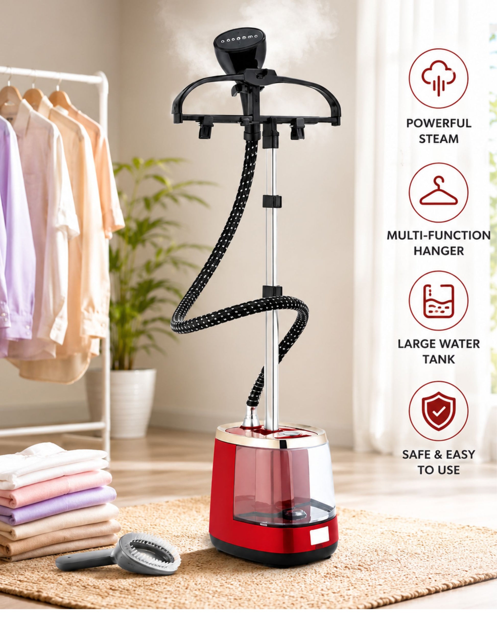 Portable garment steamer with steam plume, black hose, and red water tank on rug