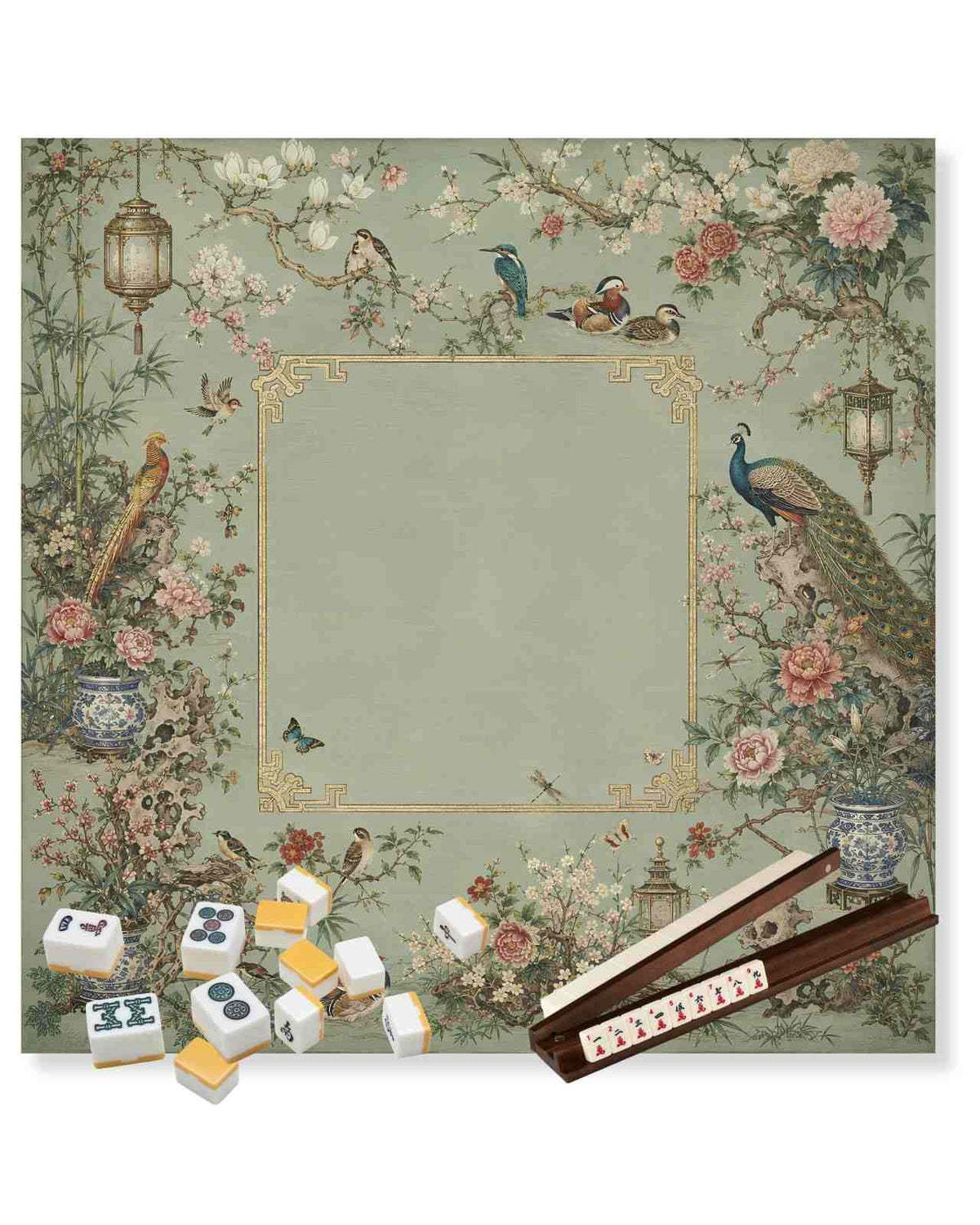 Decorative rectangular mahjong table mat with pastel floral birds and lanterns